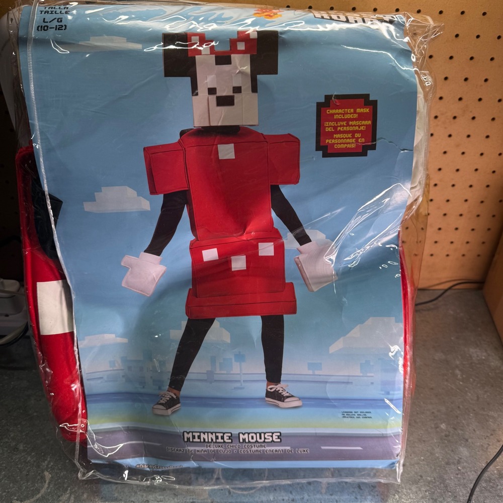 Disney Crossy Road Minnie Mouse Costume Kids L 10-12 Red Pixelated Deluxe Mask